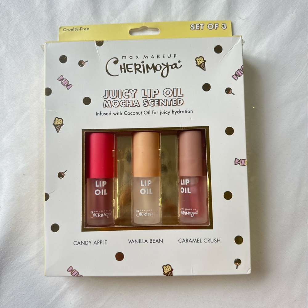 Max Makeup Cherimoya Set Of 3 Lip Oil Juicy Lip Oil Mocha Scented